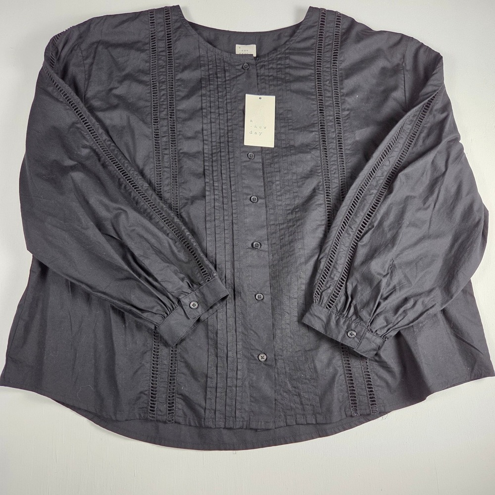 A New Day Victorian Black Pintuck Lace Blouse XL Balloon Sleeve Cotton Top